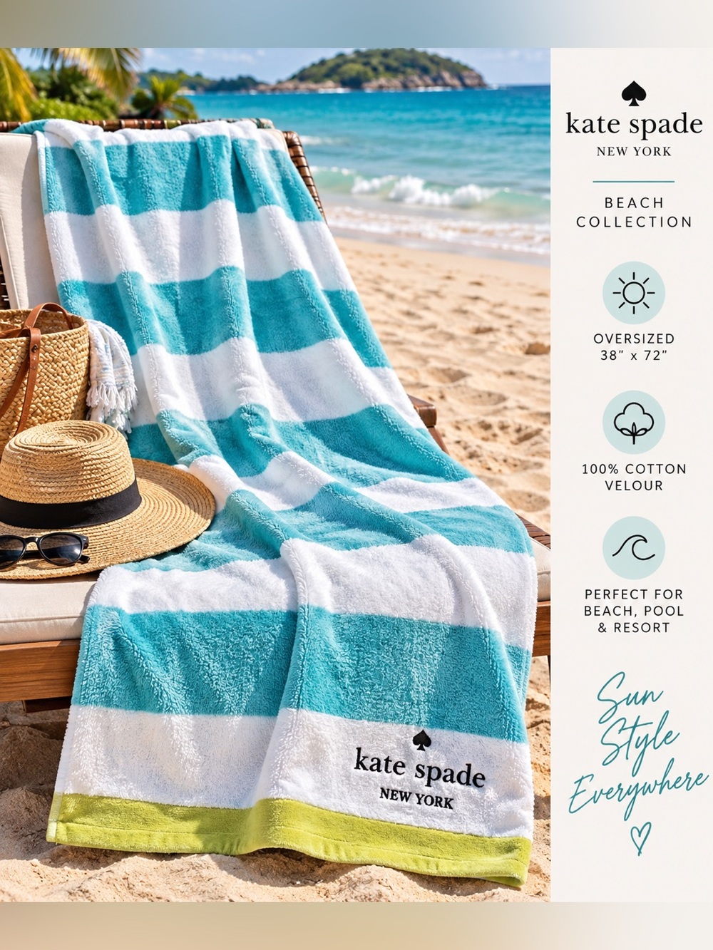 Kate Spade New York Oversized Beach Towel Aqua White Striped 38x72 NWT